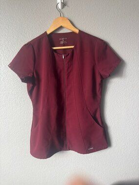 Jaanuu Wine Scrub Set - Zip Front Top & Straight Leg Pants - Small